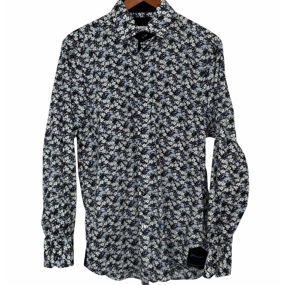 John Lennon Mens Large Floral Button Front Shirt Black Purple Blue Cotton 16.5